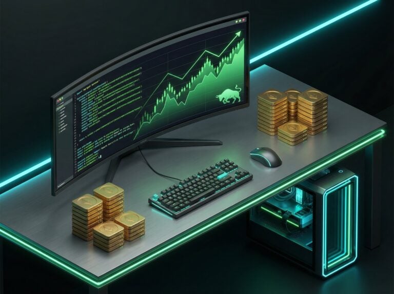 A futuristic computer desk featuring a curved monitor displaying stock charts and digital code, with stacks of gold-colored coins symbolizing digital currency gains, gaming peripherals, and neon lighting for an enhanced tech aesthetic.