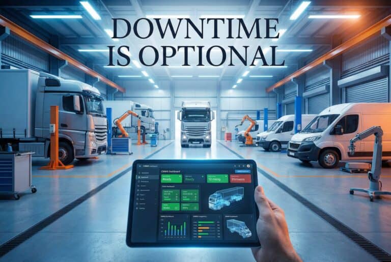 An advanced AI-driven warehouse with trucks and robotic arms.