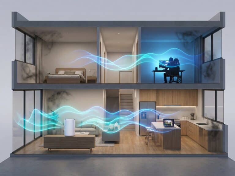 An advanced air purifier system in a modern, multi-story home showing real-time air filtration through blue and gray wave graphics, improving indoor air quality with smart technology.