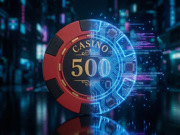A digital-themed casino chip featuring "500" and "Casino," combined with high-tech circuitry graphics, representing online casino gaming, digital currency, and innovative gambling solutions.