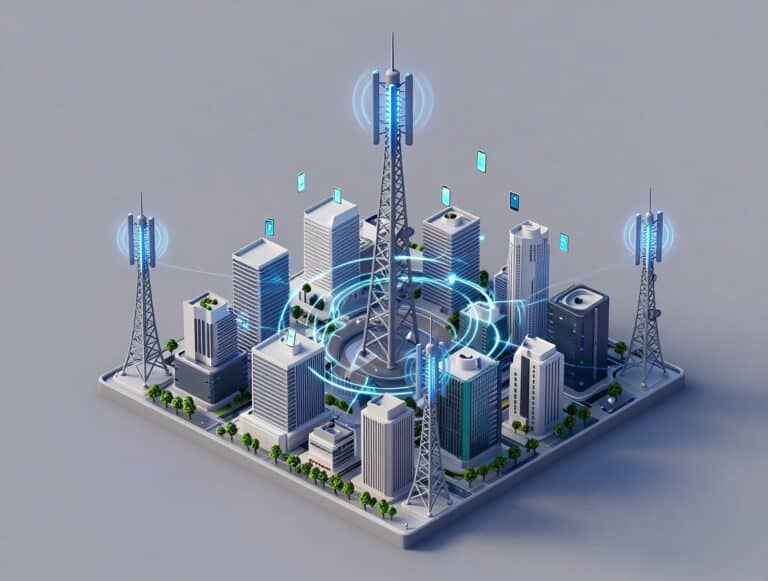 High-tech city with wireless communication towers and cityscape, illustrating modern connectivity and 5G technology.