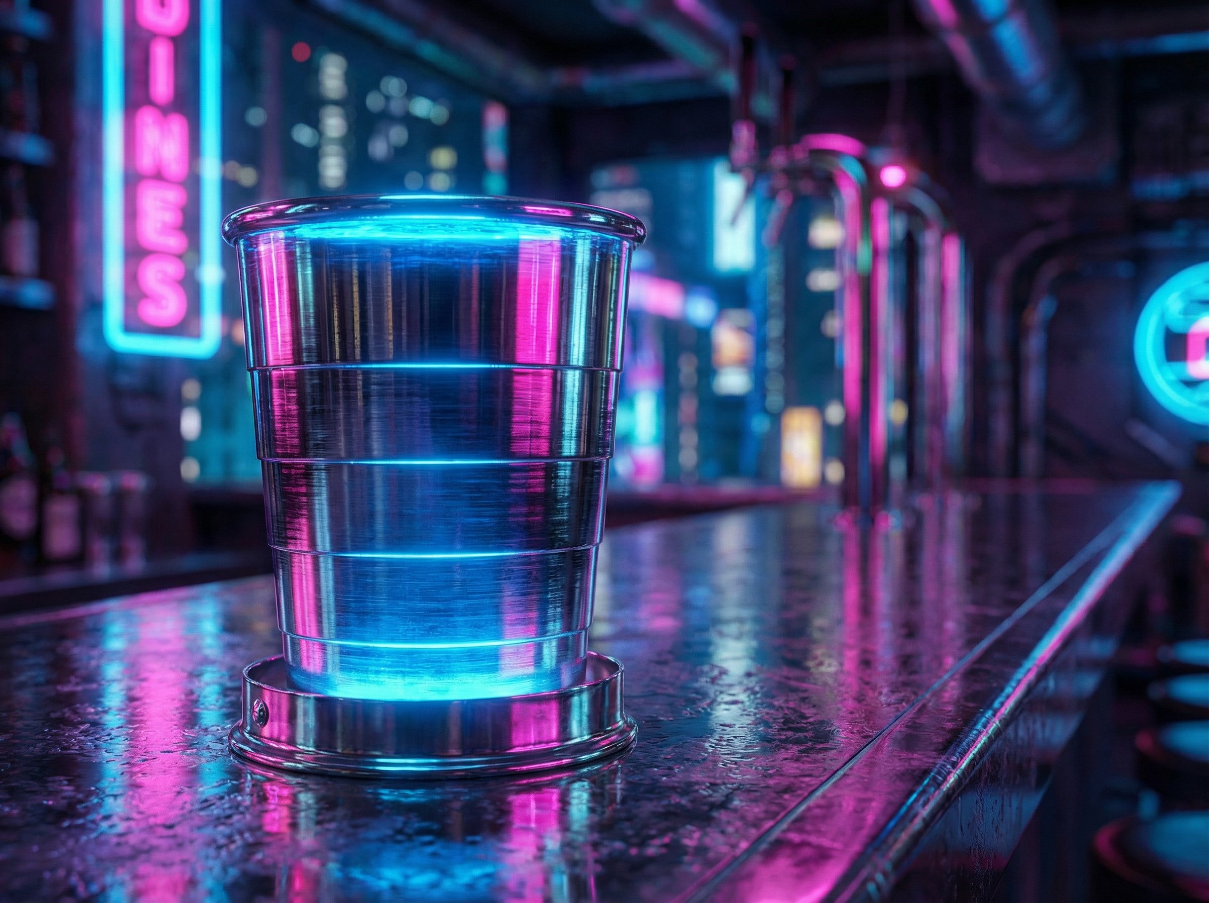Review: Mizu Collapsible Shot Glass for Emergency Drinking 4 A clear plastic cup filled with water on a bar counter illuminated by colorful neon lights, creating a sleek, modern, and tech-inspired vibe ideal for nightlife, entertainment, or gaming-related content.