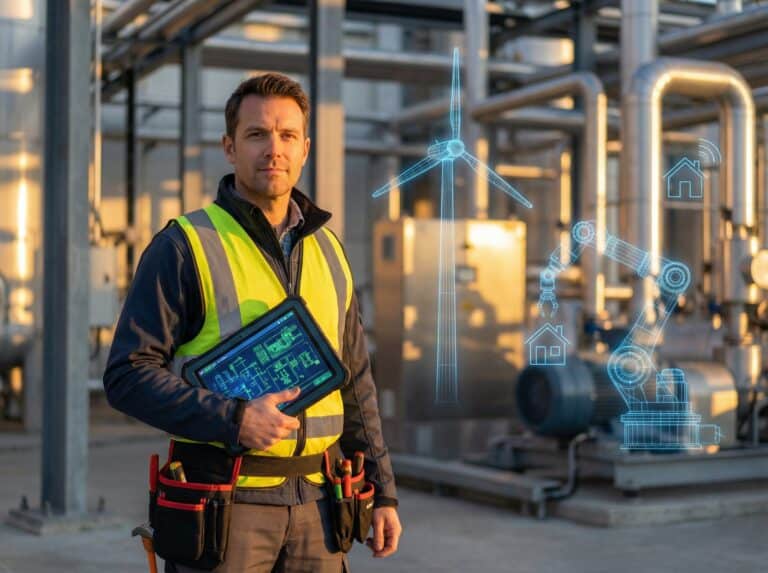 A focused engineer in safety gear holding a digital tablet amidst industrial machinery and holographic smart technology elements for renewable energy solutions.