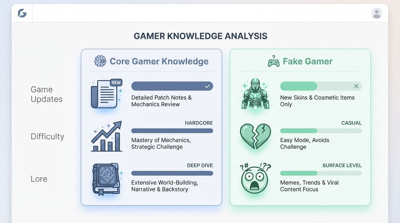 Highly detailed analysis of gamer knowledge and fake gaming trends, emphasizing core gaming skills, difficulty levels, and popular content types for gamers and content creators.