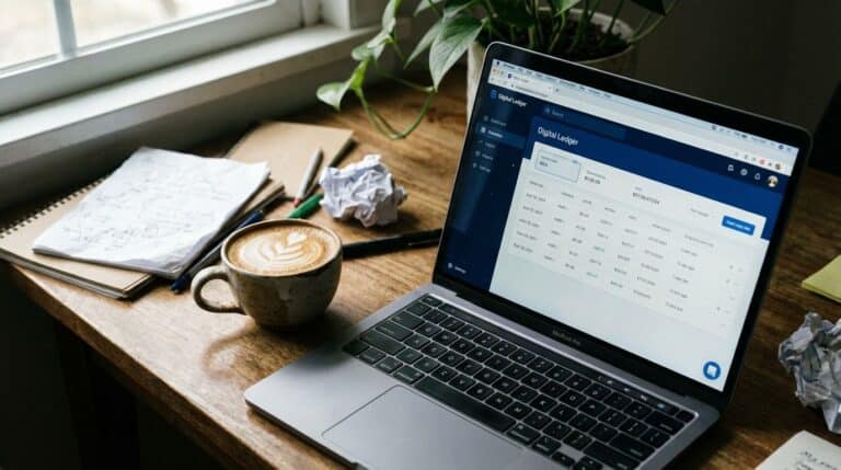 ALT text: Close-up of a laptop showing a digital ledger on the screen, placed on a wooden desk alongside a coffee cup, crumpled paper, notebooks, and pens in a cozy workspace.