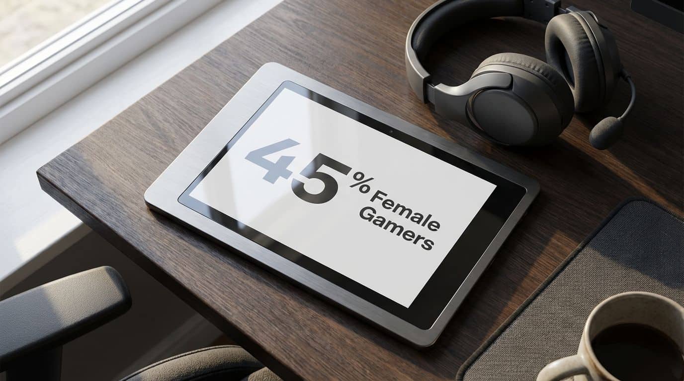 Female gamer, 45% of gaming community, gaming statistics, women in gaming, gaming demographics, gaming trends, geek culture, tech gadgets, gaming tablet, weekend gaming setup.