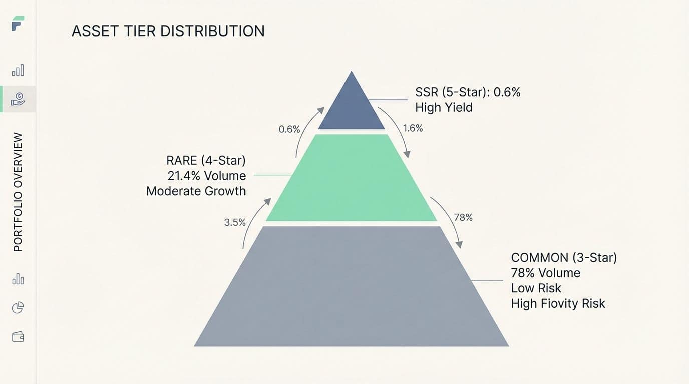 Detailed asset tier distribution chart for investment portfolios, showing percentages for common, rare, and high-yield assets, highlighting risk levels and growth potential for optimized asset management.