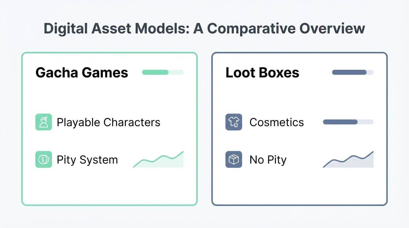 Digital asset models comparison on GeekExtreme website, highlighting Gacha Games with playable characters and piety system, and Loot Boxes with cosmetics and no pity systems, for gamers and digital collectors.