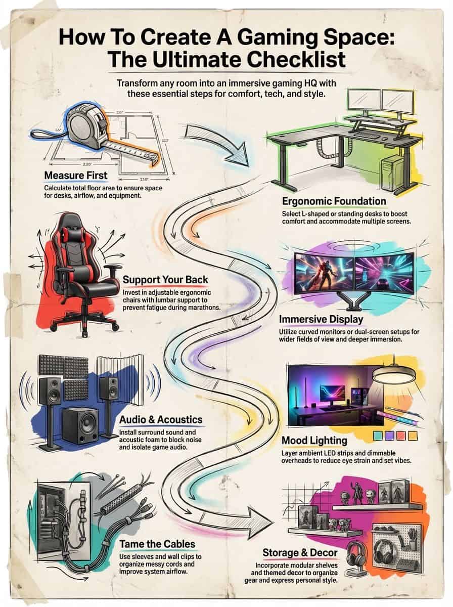 How To Create A Gaming Space: The Ultimate Checklist Enhance your gaming space with a triple monitor setup, ergonomic chair, surround sound speakers, mood lighting, and organized cabling for optimized comfort and performance.