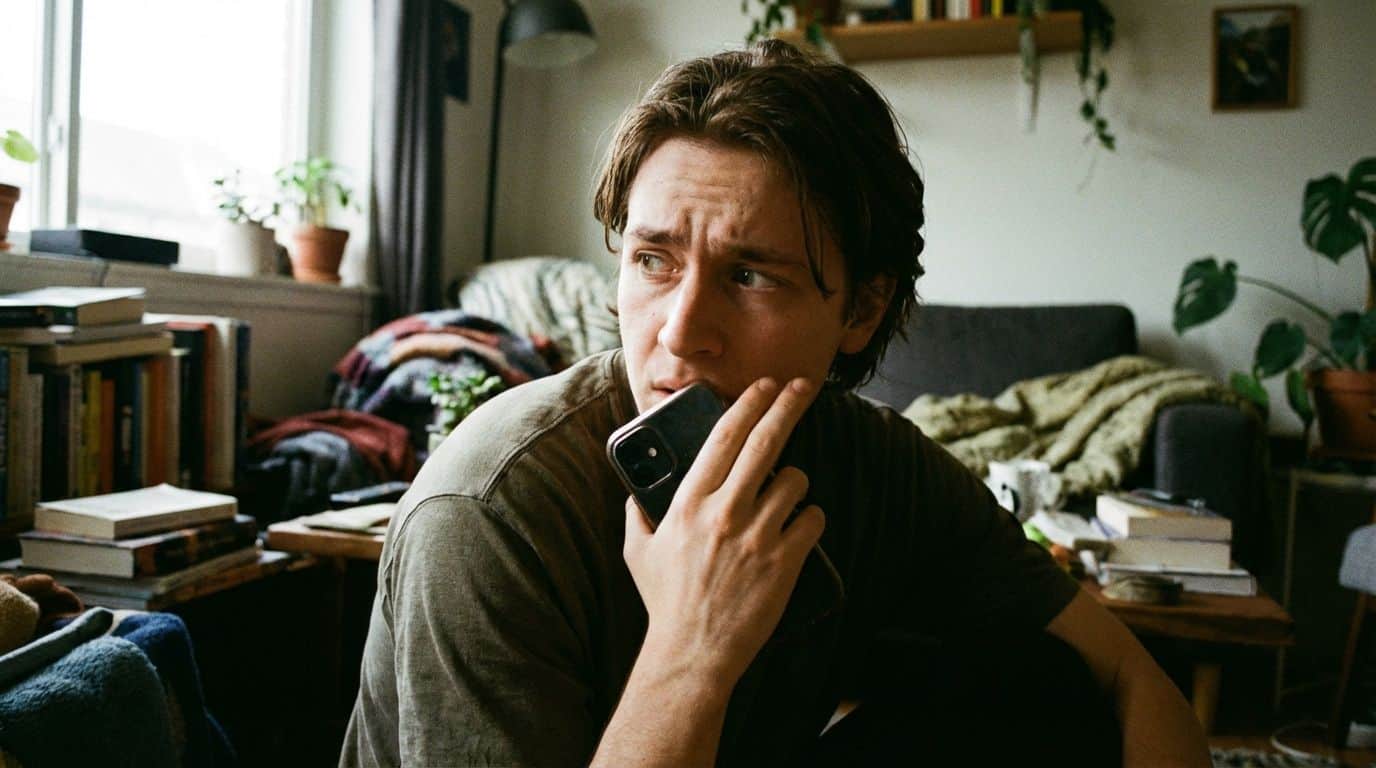 A young man looks puzzled while holding a smartphone to his ear, sitting in a cluttered living space with books, plants, and a couch in the background, capturing a candid moment.