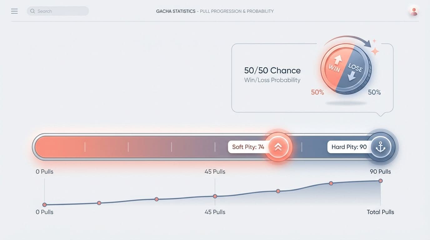 A digital interface displaying win/loss probability and pull progress in a gacha game, featuring soft and hard pity levels, with detailed visual indicators for pull count and success chances.