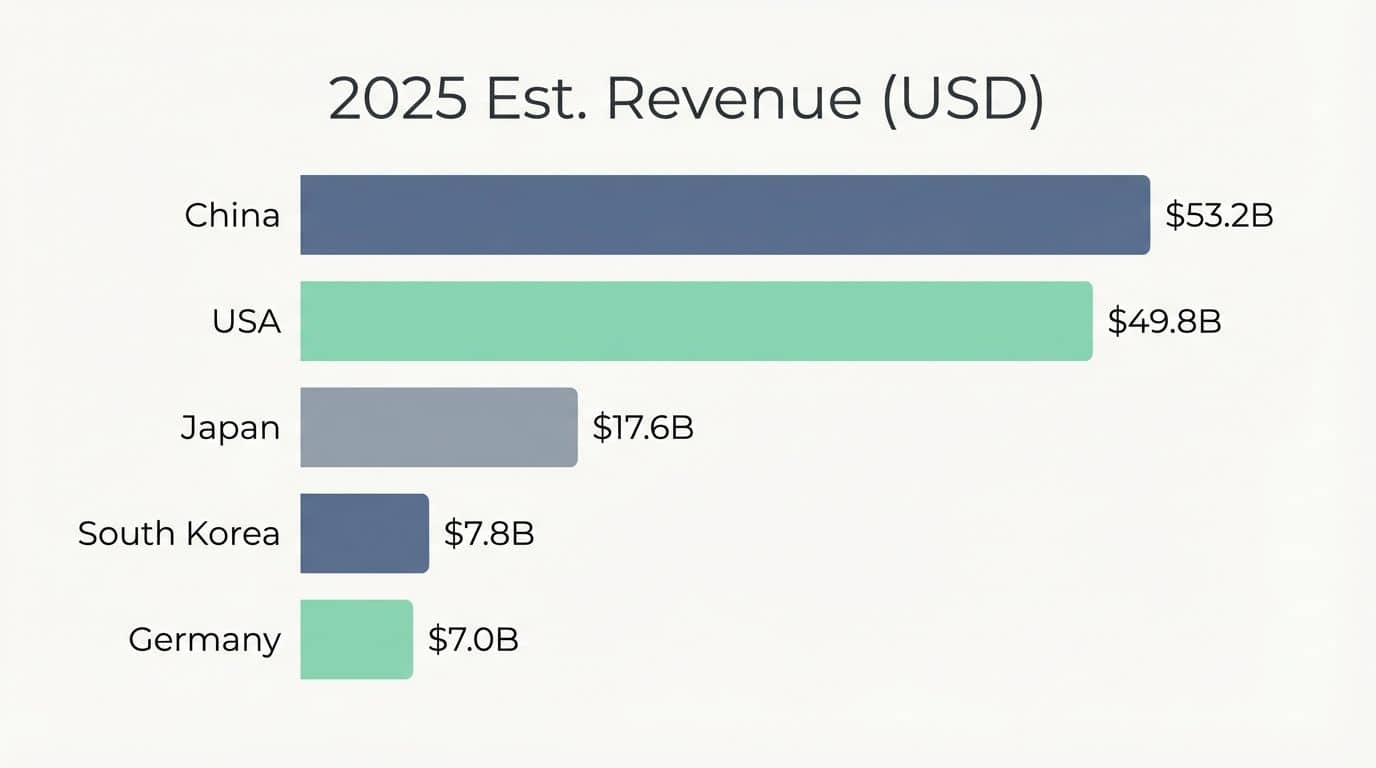 A bar chart displaying the estimated revenue for 2025 in USD from top countries, highlighting China's $53.2B, USA's $49.8B, Japan's $17.6B, South Korea's $7.8B, and Germany's $7.0B.