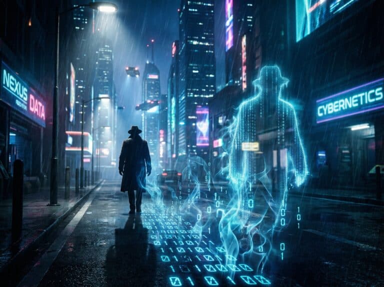 Cyberpunk city street scene featuring digital humanoids, neon lights, data signs, and holographic elements, illustrating a high-tech, sci-fi urban environment with cybernetics and data themes.