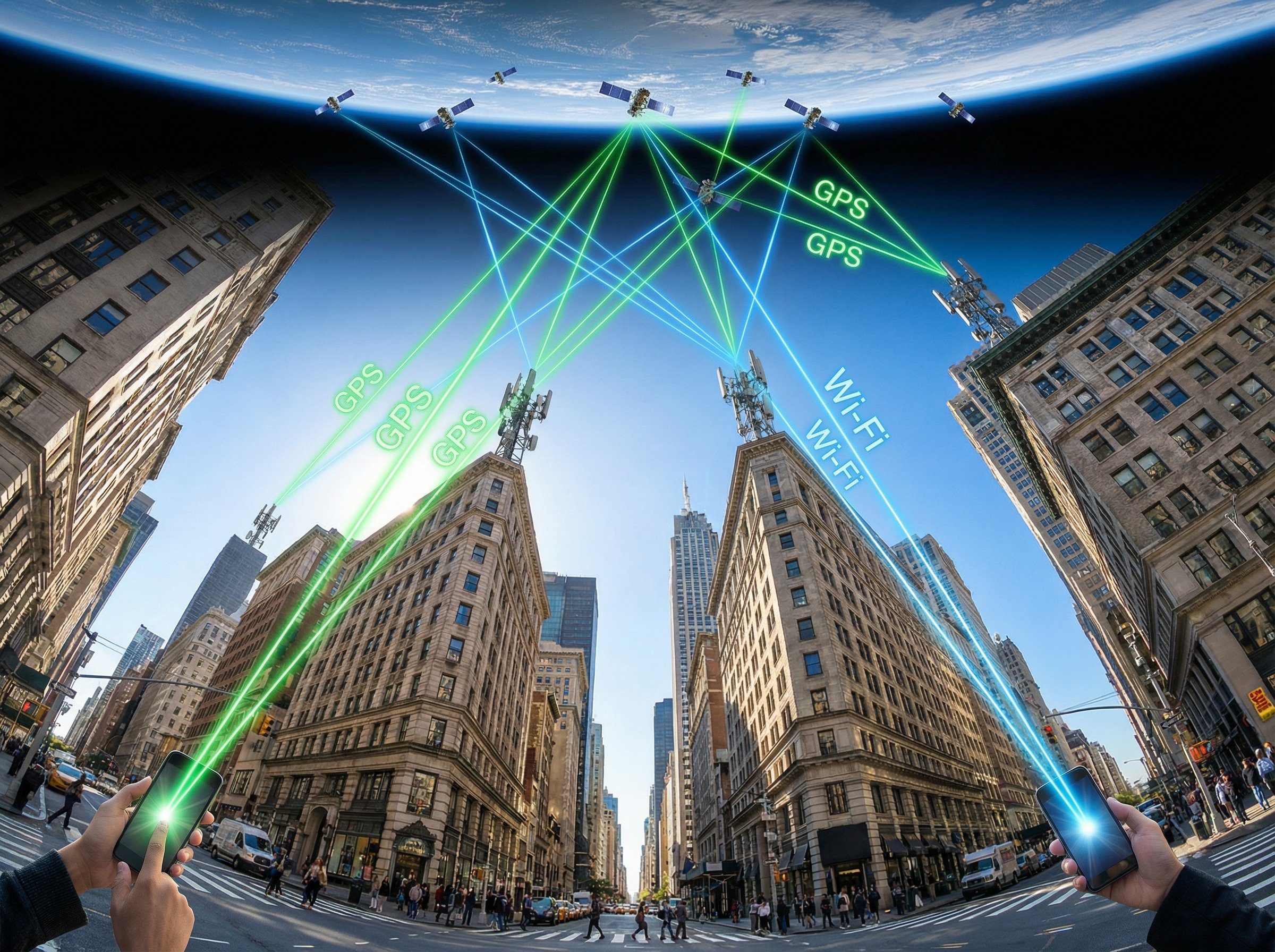 Location Data Privacy: A Guide to Building Trustworthy Location-Aware Systems 2 An illustration of urban cellular network towers transmitting GPS and Wi-Fi signals with laser connectivity, signifying advanced telecommunications infrastructure for improved connectivity in city environments.