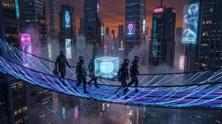 High-tech cityscape with neon lights and towering skyscrapers in a cyberpunk theme, featuring a glowing digital cube and digitally armored figures on a luminous suspension bridge.