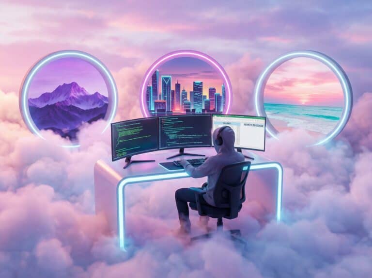 A person with headphones working at a desk in a dreamy, neon-lit cloud environment, featuring futuristic city and mountain scenes within circular frames, emphasizing remote work, technology, and digital creativity.