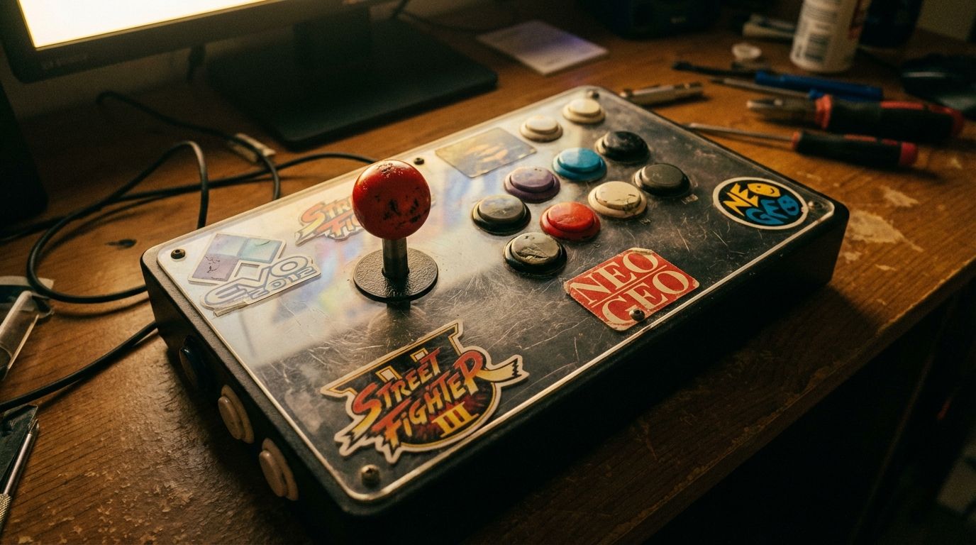 ALT: Old-school arcade fightstick controller with colorful buttons, joystick, and stickers, used for fighting games like Street Fighter III on a wooden desk.