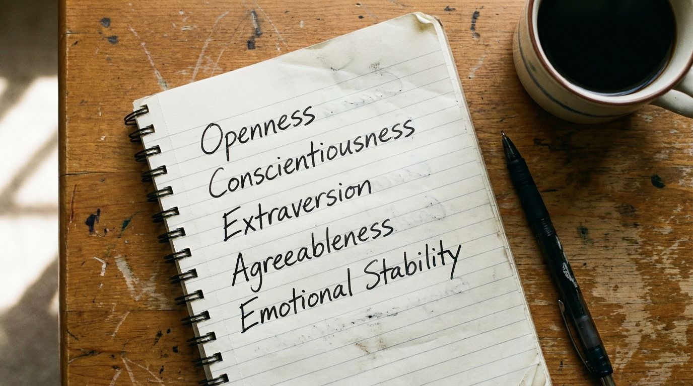 Handwritten list of the Big Five personality traits on a notebook. A handwritten list of five key personality traits including openness, conscientiousness, extraversion, agreeableness, and emotional stability on notebook paper with a pen and coffee mug nearby.