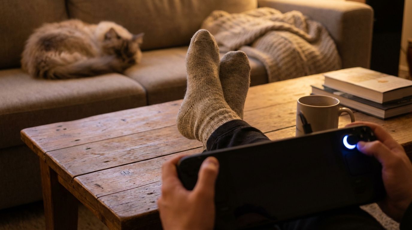 A casual gamer relaxing on a sofa with a handheld console. Close-up of person relaxing on a couch with feet up, playing a game on a handheld console, while a cat sleeps on the sofa in a warm, inviting living room.
