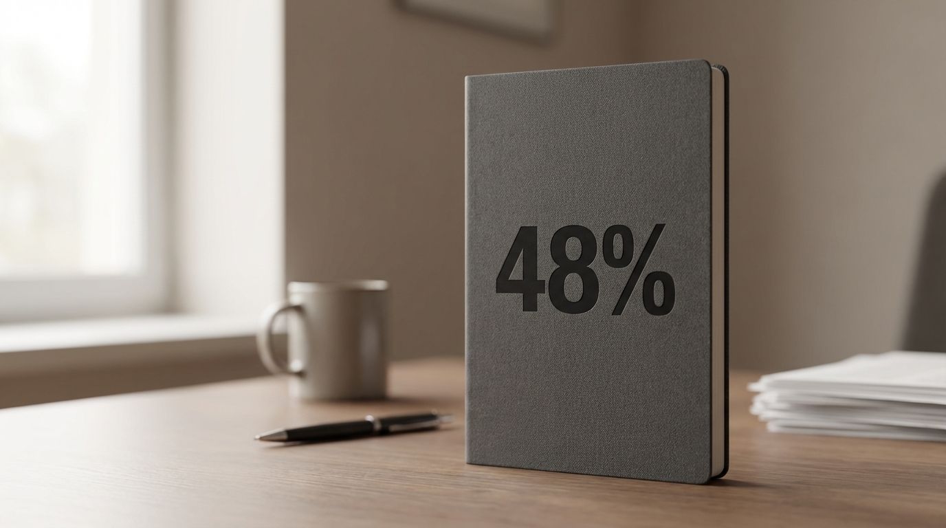 A notebook or card displaying the statistic 48% regarding CEO hiring plans. A closed gray notebook with "48%" displayed on the cover, placed on a wooden desk alongside a pen, a cup, and a stack of papers in a cozy home or office setting.
