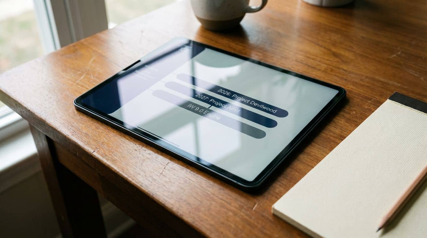 High-resolution tech tablet on wooden desk near window, displaying project management interface with project timelines and plans, alongside notebook and pencil for note-taking.