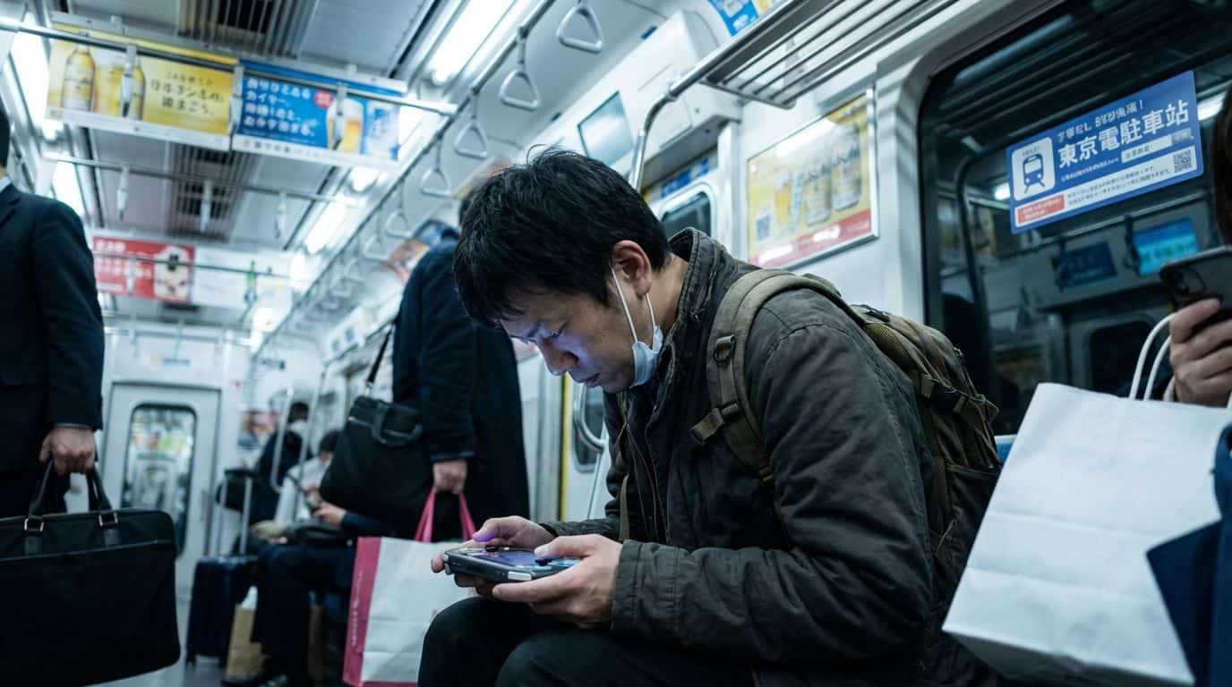 A man sitting in a subway train engrossed in his smartphone, surrounded by fellow commuters and advertisements, exemplifies modern urban life and technology use; great for tech and transportation SEO.