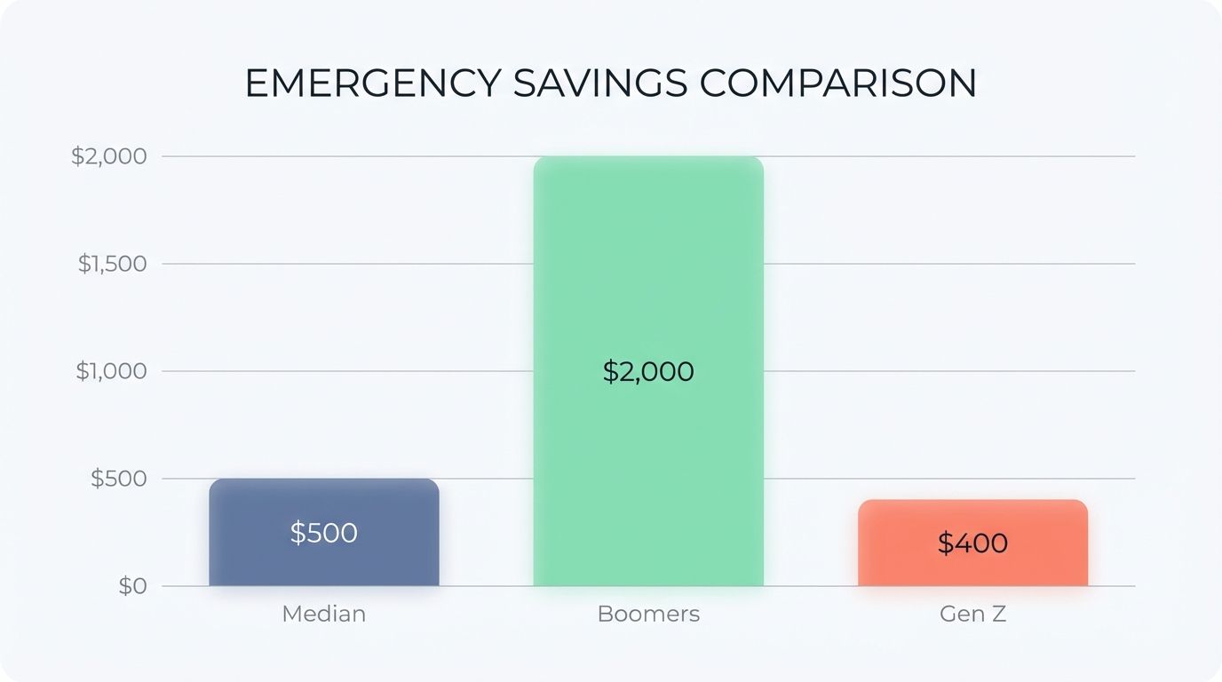Bar chart comparing emergency savings: Median $500, Boomers $2,000, Gen Z $400. High-quality emergency savings comparison chart for financial planning and savings strategies.
