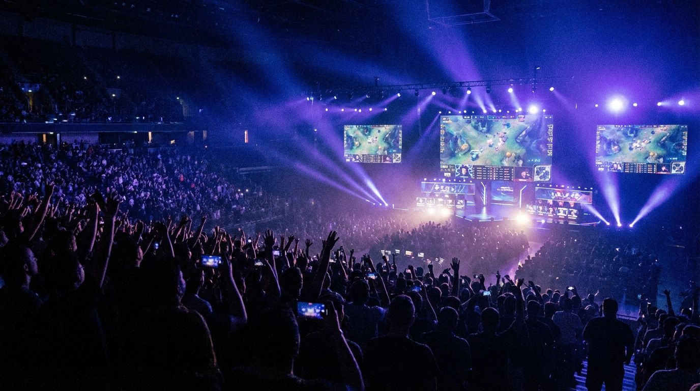 Spectators cheer during exciting esports tournament with vibrant lighting and multiple screens showing gameplay.