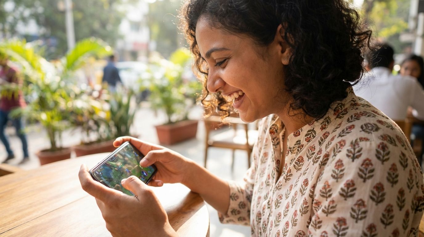 Close-up of smiling woman engaging with her smartphone at a cozy outdoor café, enjoying leisure time, highlighting digital connections and modern lifestyle.