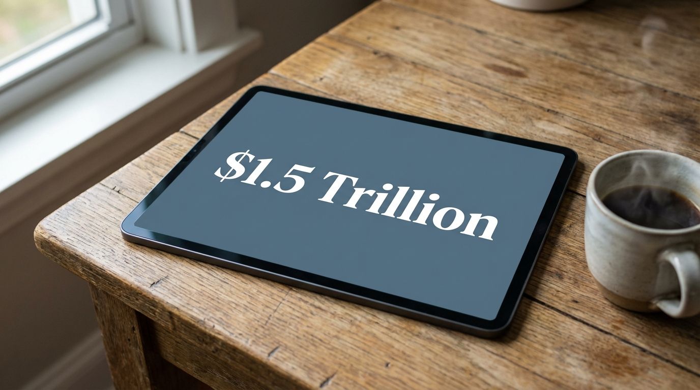 A freelancer reviewing receipts and holding a business credit card at a cafe table. Tablet displaying "$1.5 Trillion" on a wooden table near a coffee mug.