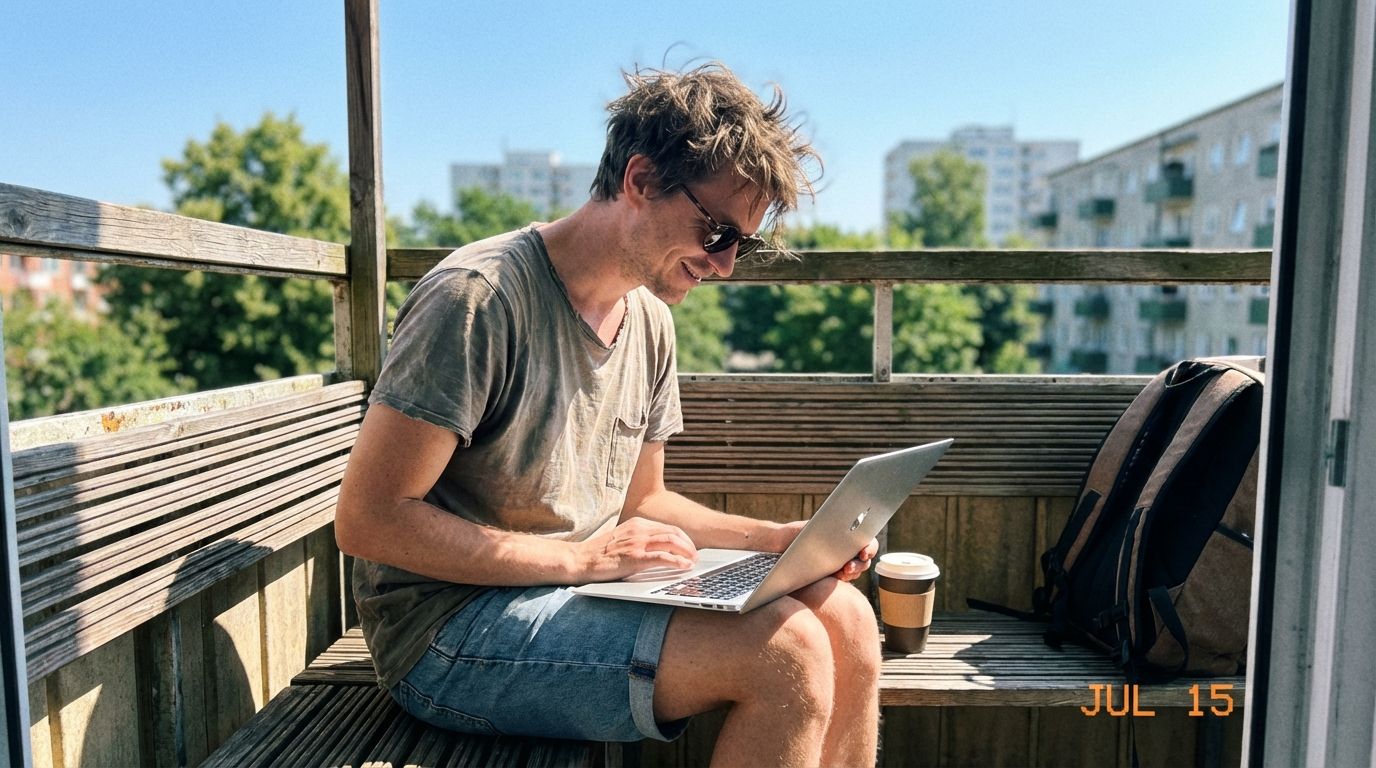 A freelancer working on a laptop outdoors during a sunny day. A young man with sunglasses sits on a wooden bench on a balcony, working on his laptop under bright sunlight. He has a backpack and a coffee cup beside him, surrounded by city buildings and green trees, enjoying a casual work or study session.