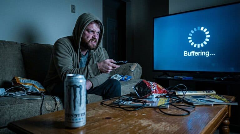 High-quality comfortable gaming and streaming setup with frustrated man, TV buffering indicator, snacks, and gaming accessories for tech and entertainment enthusiasts.