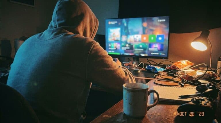 A person in a hoodie gaming on a computer, surrounded by gaming accessories and snacks, illuminated by a desk lamp, in a cozy, dimly lit room optimized for gaming performance.