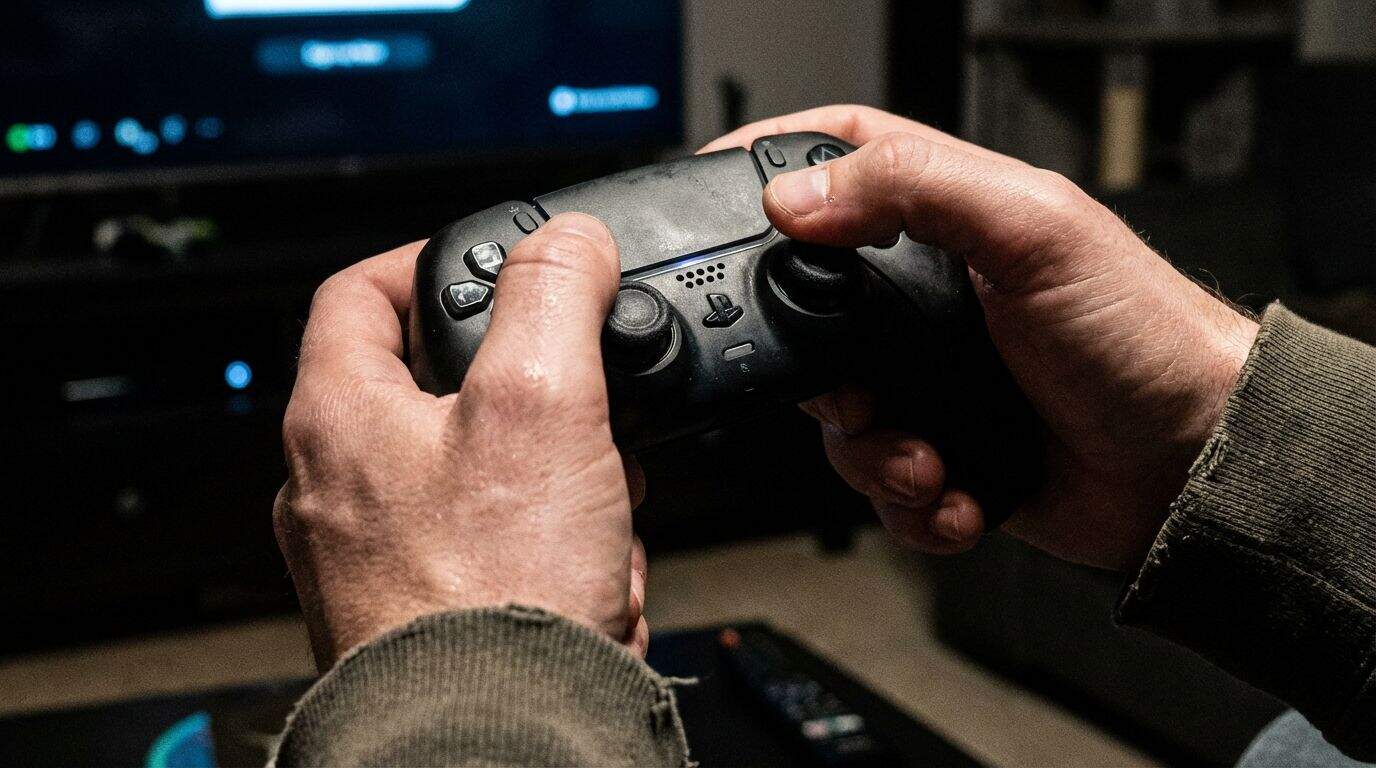 A person holding a PlayStation 5 controller during gameplay, with a TV screen in the background. Perfect for gaming enthusiasts and tech reviews on GeekExtreme.