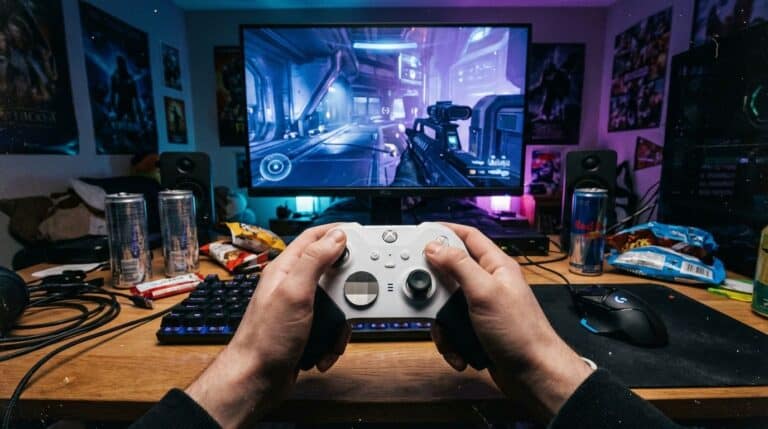 High-resolution gaming setup with Xbox controller and multiple monitors.