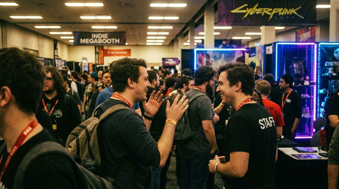 A vibrant gaming event capturing enthusiastic attendees engaging at a gaming expo showcasing popular titles like Cyberpunk 2077. Visitors explore gaming booths, promotional displays, and connect over new tech and game releases, embodying geek culture and the excitement of gaming communities.