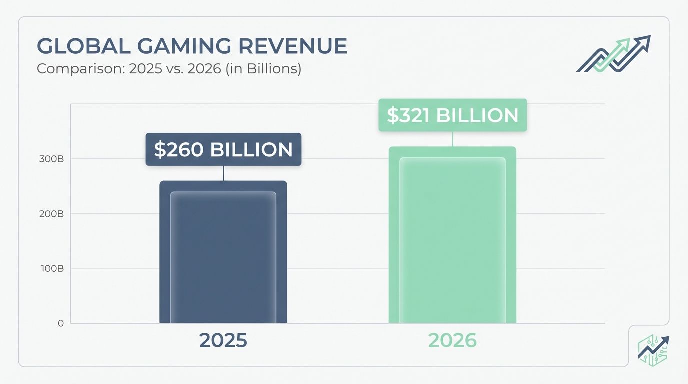 High-resolution infographic on global gaming revenue growth projections for 2025 and 2026, highlighting a significant increase from $260 billion to $321 billion, emphasizing the expanding gaming industry and market potential.