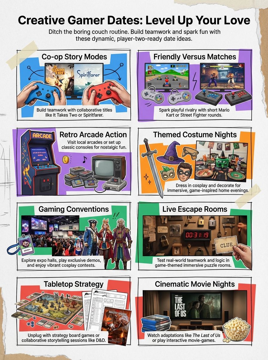 Explore fun gamer date ideas for couples including co-op story modes, friendly versus matches, retro arcade action, themed costume nights, gaming conventions, live escape rooms, tabletop strategy, and cinematic movie nights. Perfect for gaming lovers seeking engaging, interactive date experiences.