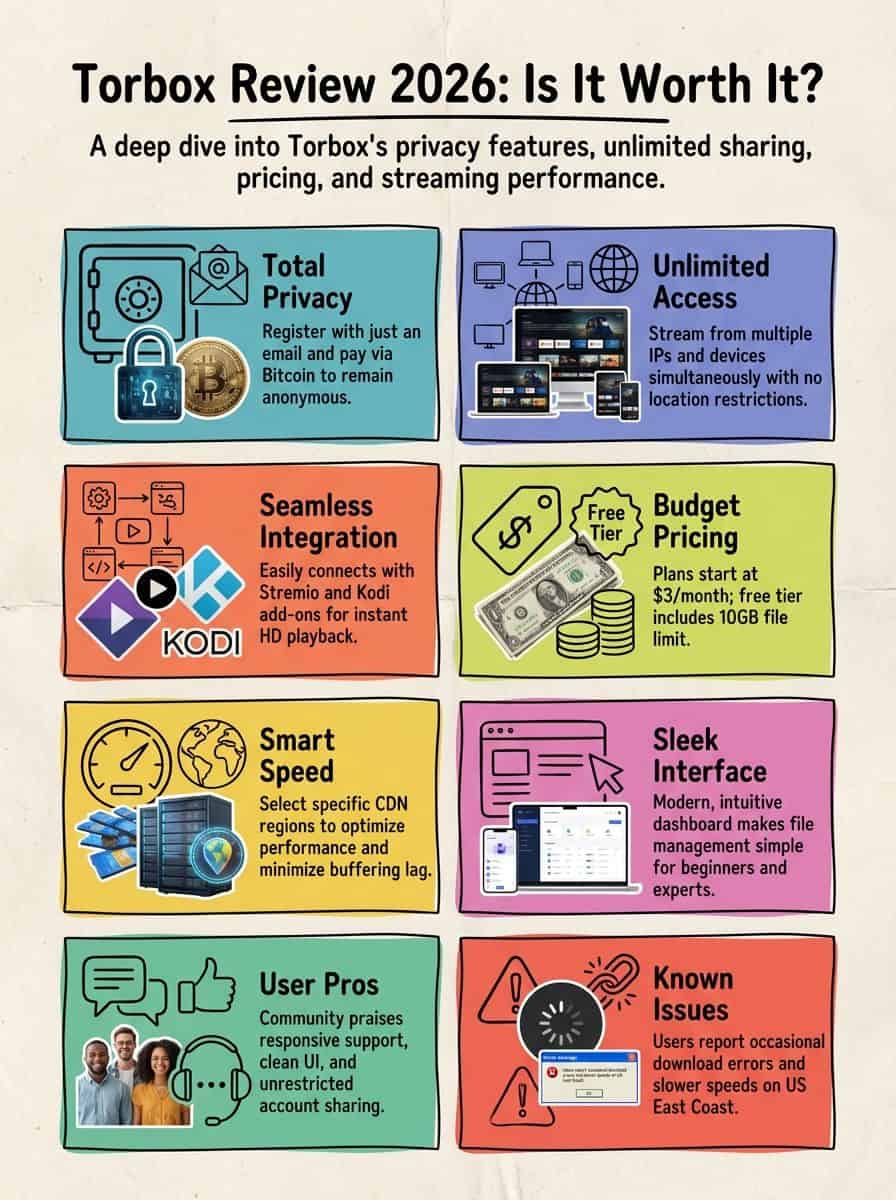 An infographic detailing Torbox's privacy features, unlimited streaming, integration with Kodi, budget plans, fast speeds, simple interface, user support, and known issues for enhanced user experience.