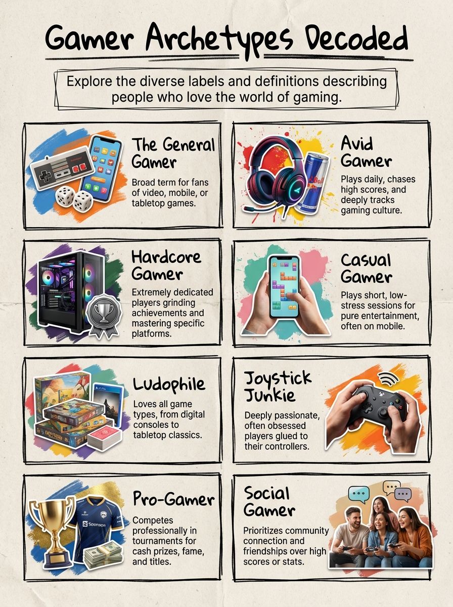 Vivid infographic illustrating various gaming personality types including general, avid, hardcore, casual, ludophile, joystick junkie, pro, and social gamer, with colorful icons and descriptions.