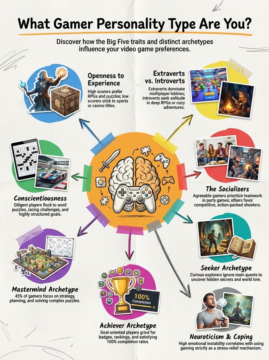 What Personality Type Are Gamers? The Big Five Revealed Discover different gamer archetypes and how they influence gaming preferences, including openness to experience, extraversion vs. introversion, socialization, and goal-oriented behaviors.