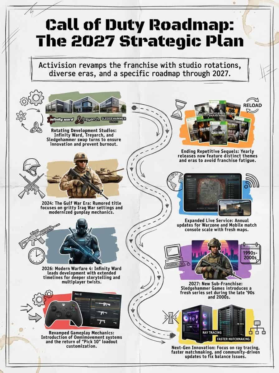 Activision revamps franchise with diverse eras and innovative gameplay through 2027.