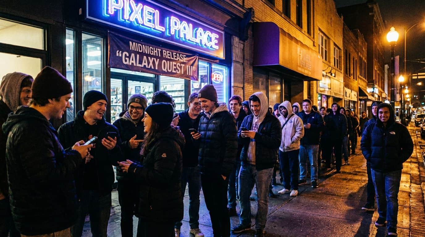 Line 2: People waiting in line outside Pixel Palace gaming store at night, illuminated by vibrant neon signage, ready for the Galaxy Quest III midnight release event.