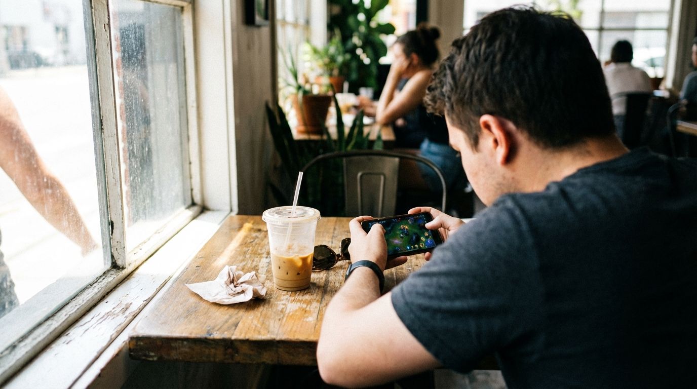 High-angle shot of young man using smartphone at coffee shop window with iced coffee on rustic table.