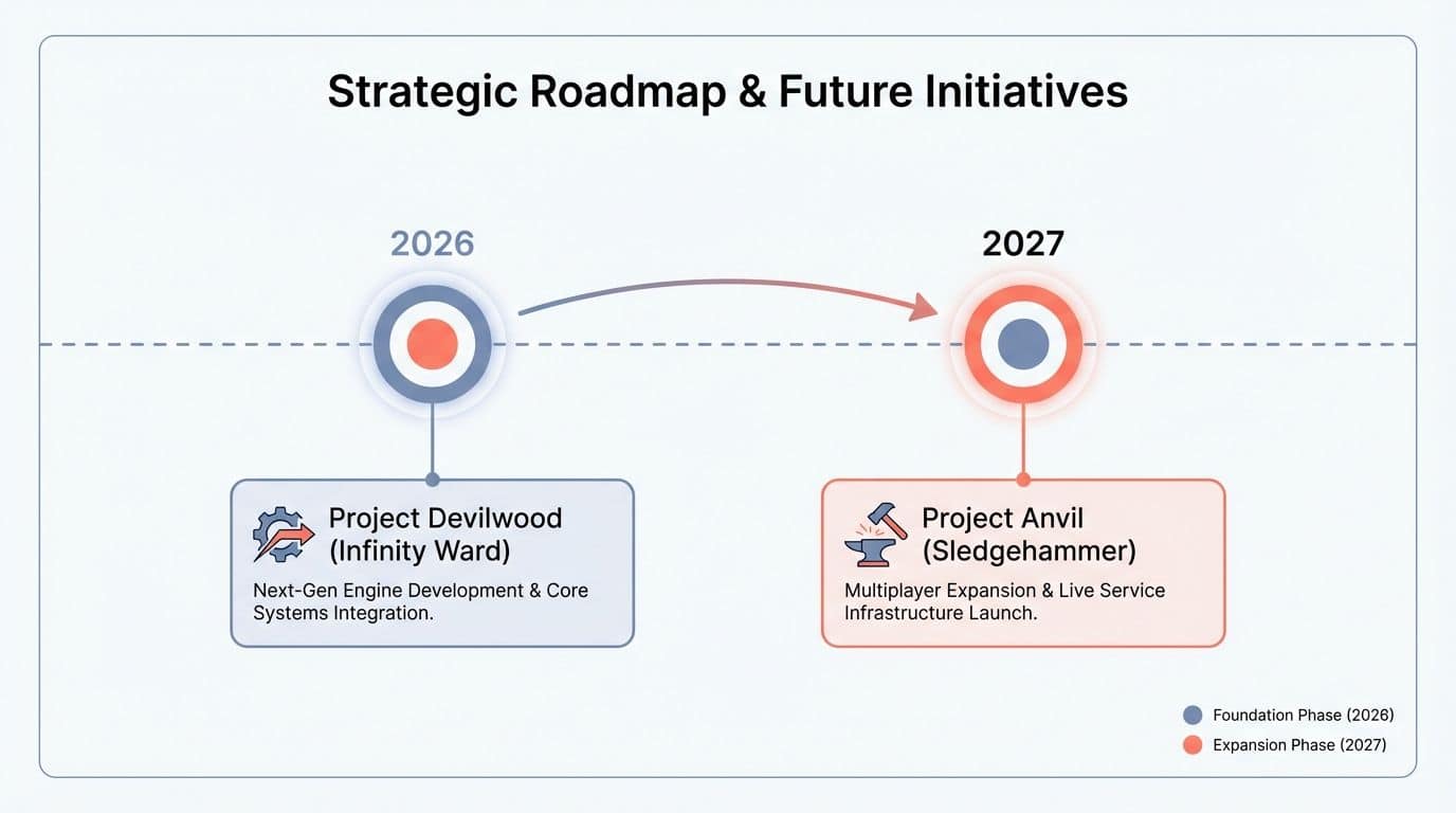 A strategic roadmap displaying future tech initiatives with focus on game development and infrastructure expansion. Highlights include Project Devilwood for engine development (2026) and Project Anvil for multiplayer expansion (2027).
