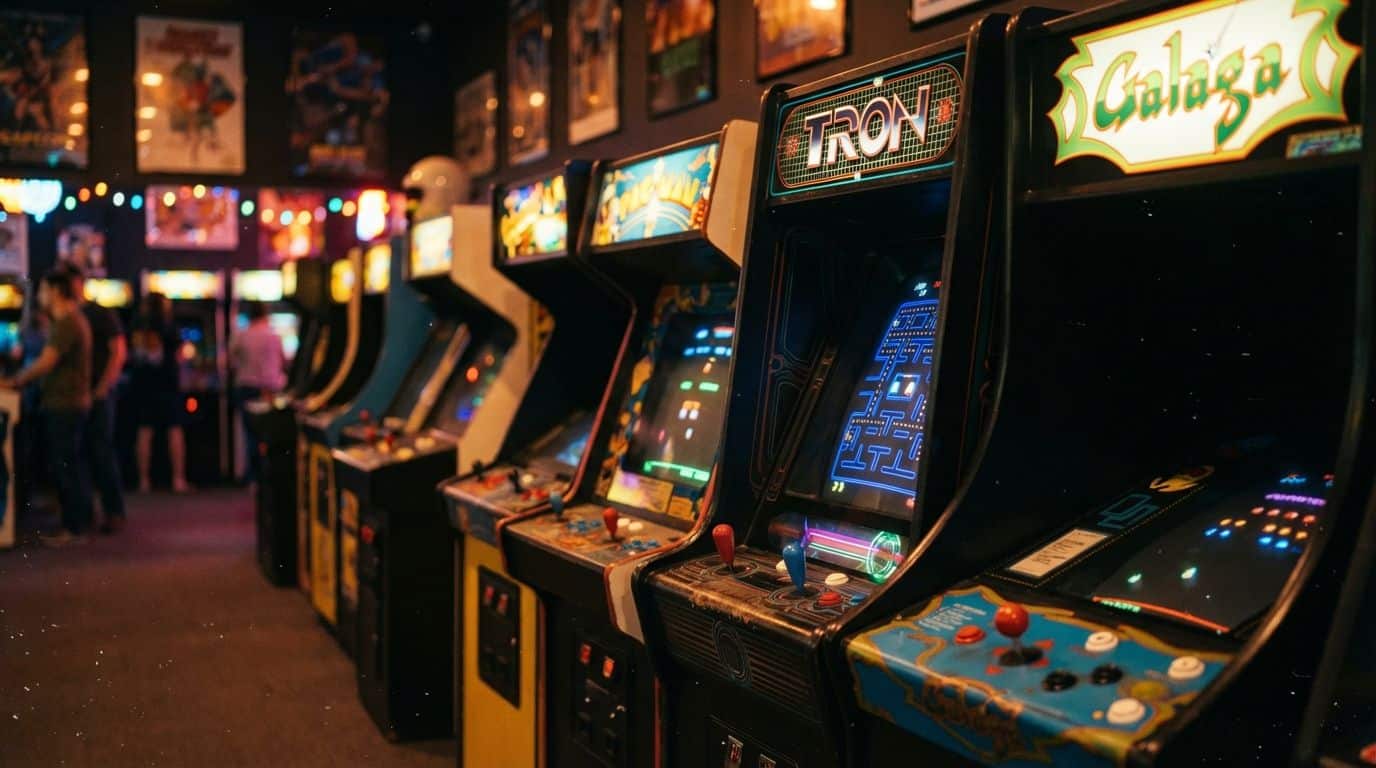 Brightly lit arcade game cabinets with classic titles such as Tron and Galaga, in a vibrant gaming arcade setting, appealing to retro gaming fans and arcade enthusiasts.