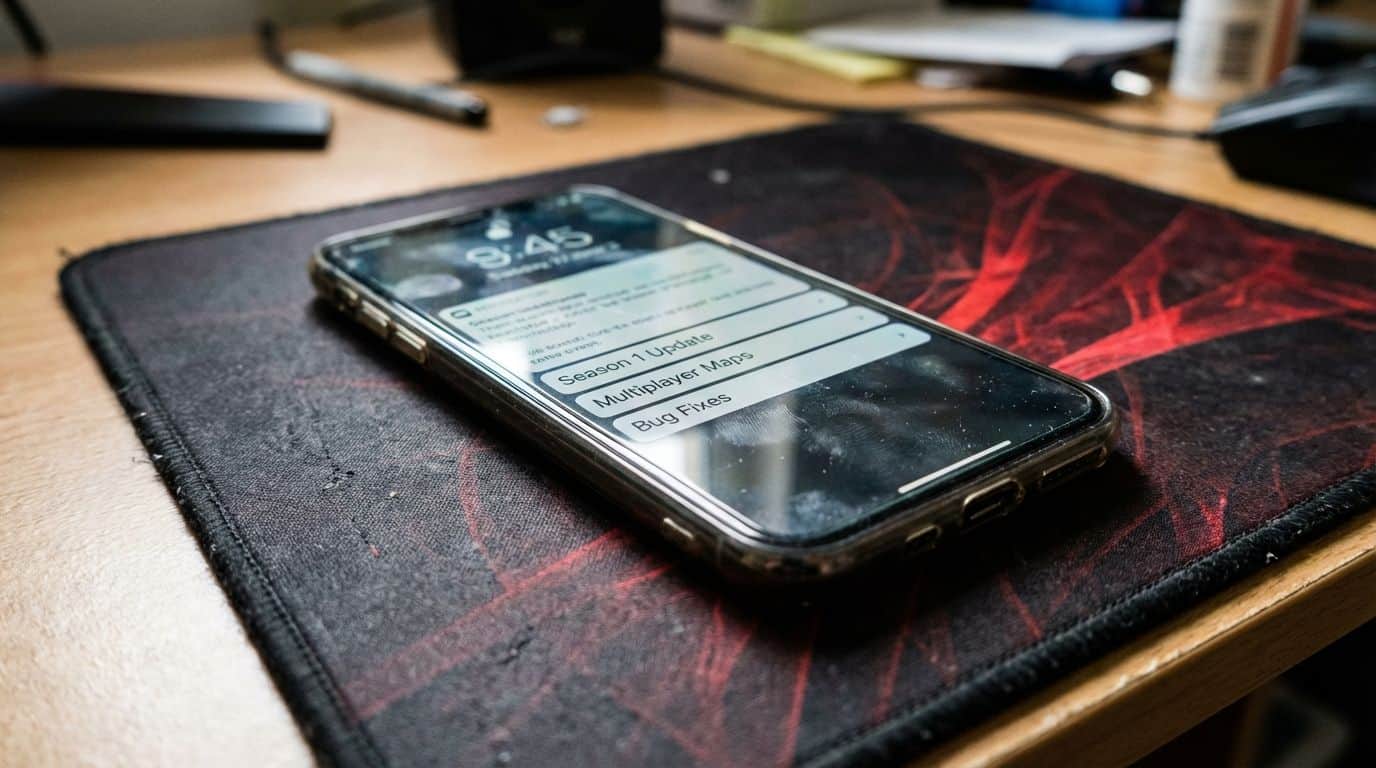 Smartphone gaming update with latest patch notes, multiplayer maps, and bug fixes displayed on a mobile device.