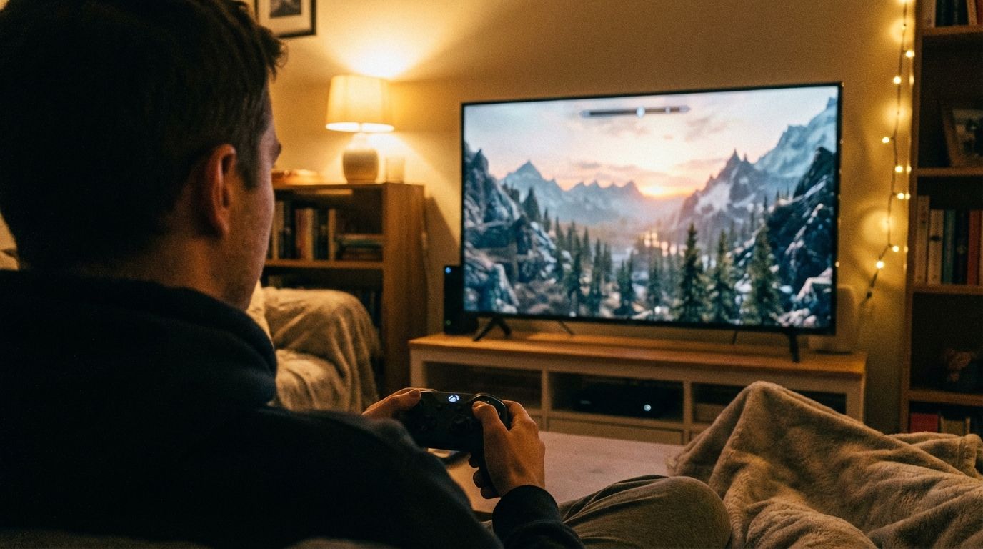 A gamer playing an open-world game, looking at a digital landscape. seeker exploring open world game 420634 0622