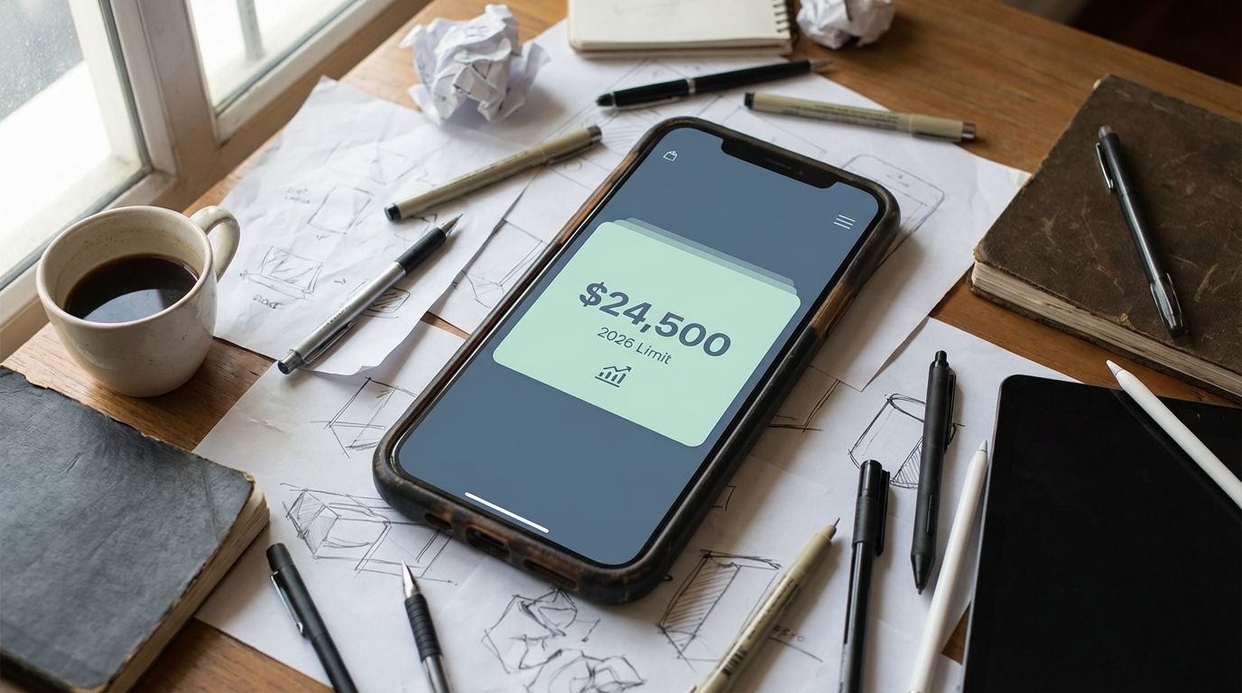 Smartphone screen displaying the 2026 Solo 401(k) limit of $24,500. High-resolution image of a smartphone displaying a $24,500 savings limit, surrounded by sketches, pens, notebooks, and a cup of coffee on a cluttered wooden desk, illustrating personal finance management and budget tracking.