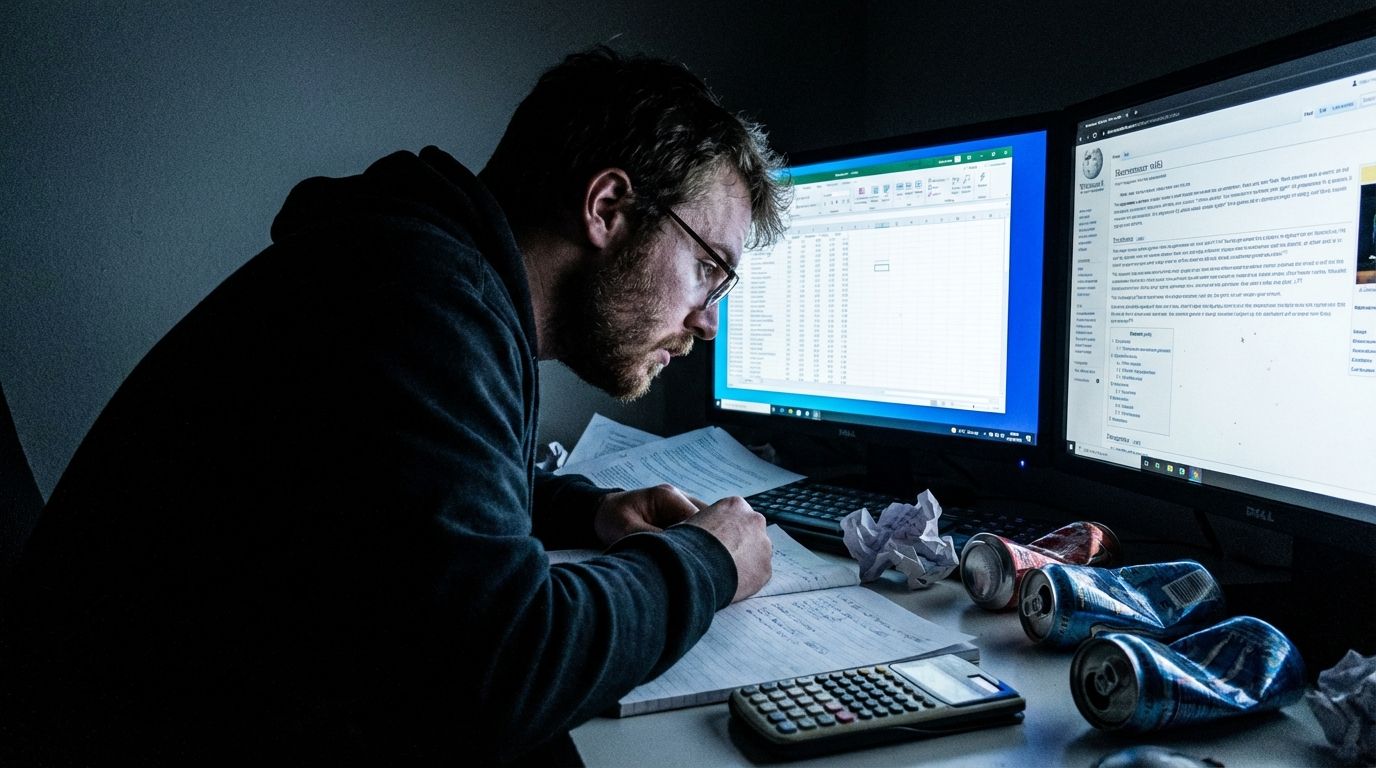 A focused gamer sitting at a messy desk with multiple browser tabs open for research. A focused gamer sitting at a messy desk with multiple browser tabs open for research.